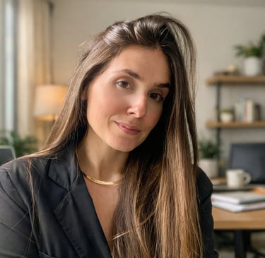 Professional woman with long brown hair wearing a black blazer and gold necklace in a home office.