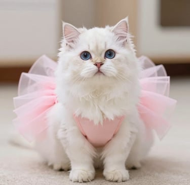 Un gatito persa blanco y esponjoso de ojos azules que lleva puesto un vestido de tutú rosa de bailar