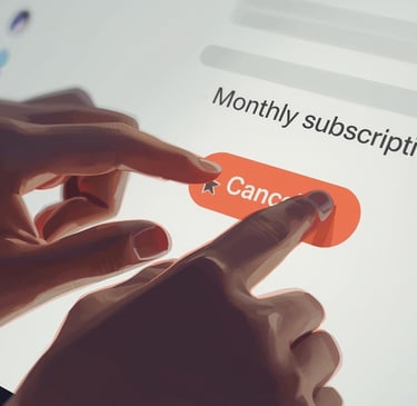 A computer screen saying Monthly subscription with a person touching the cancel button.