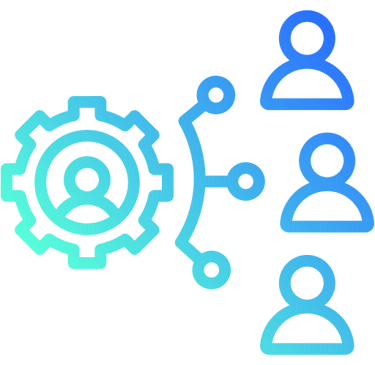 Gear with connected people icons representing team coordination and workflow management