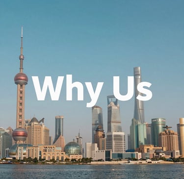 Panoramic view of the Shanghai skyline and Oriental Pearl Tower with Why Us text overlay.