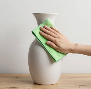 A sleek, modern vase with a smooth matte finish sitting on a wooden shelf against a soft neutral wall.