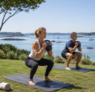 Homme et femme au bord du Golfe en exercice de Goblet Squat lors d'une séance de renforcement musculaire