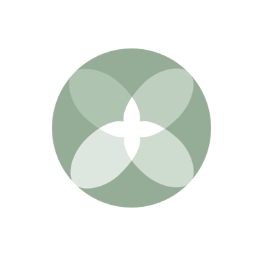 A minimalist sage green geometric circle logo with a four-leaf floral motif centered on a black background.