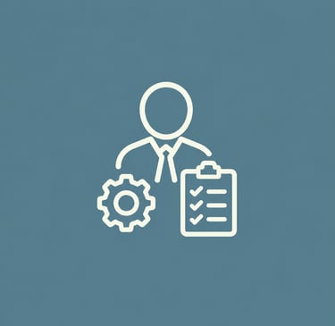 A minimalist white icon of a project manager with a gear and checklist on a blue background.