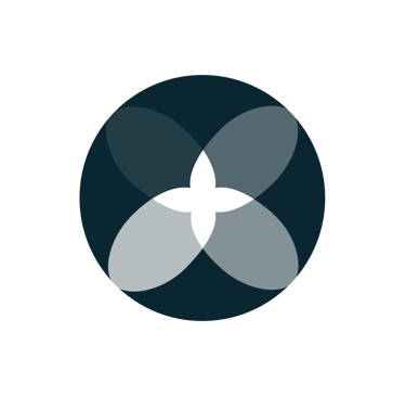 Minimalist geometric logo featuring overlapping dark blue circles forming a floral petal pattern on a black background.