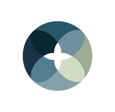 Abstract geometric logo featuring blue and grey overlapping circles in a symmetric floral pattern on a black background.