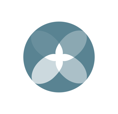 Geometric blue circle logo with overlapping petals forming a black floral center on a dark background.