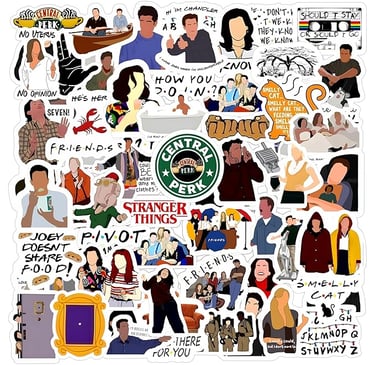 a large collection of stickers featuring characters from friends, shop on amazon