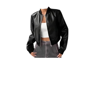 A person wearing a black leather bomber jacket, shop on amazon 