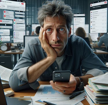 Overwhelmed entrepreneur surrounded by disorganised paperwork