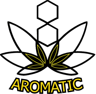 Aromatic brand logo featuring a white cannabis leaf with hexagon symbols and yellow outlines.