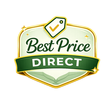 A shiny gold and green Best Price Direct badge featuring a price tag icon with a checkmark.