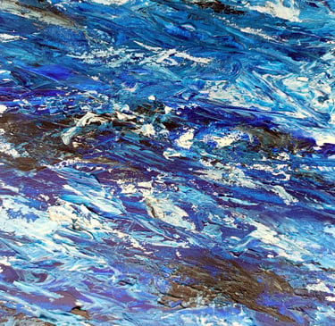 Abstract blue painting featuring thick impasto brushstrokes of dynamic cobalt and navy waves.