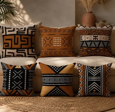 Afro Bohemian Throw Pillows – African Mudcloth Cushion Covers for a Warm Earthy Living Room. Eftelt Home Decoration
