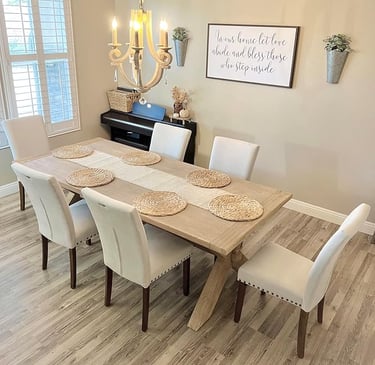 Beige upholstered dining chairs set of 4, modern nailhead trim style.