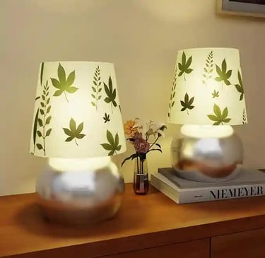 Set of 2 Silver Bedside Table Lamps – Maple Leaf Pattern Shade, Modern Metallic Accent Lighting