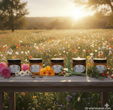 Natural skincare glass jars on a wooden bench in a sunny wildflower field with botanicals.