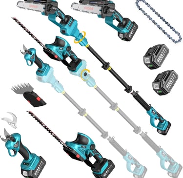 Cordless 4-in-1 garden tool kit including mini chainsaw, hedge trimmer, and pole saw with batteries.