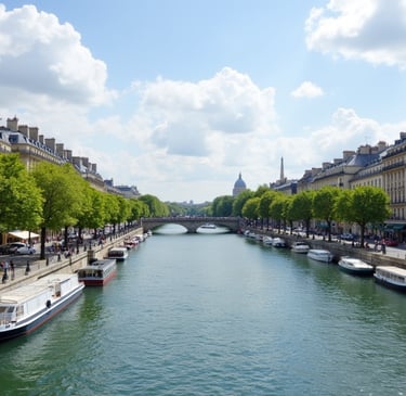 Blick auf die Seine in Paris mit Booten und Uferpromenade bei sonnigem Wetter.