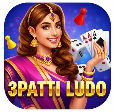 Indian woman in traditional saree holding playing cards and dice for 3Patti Ludo mobile game icon.