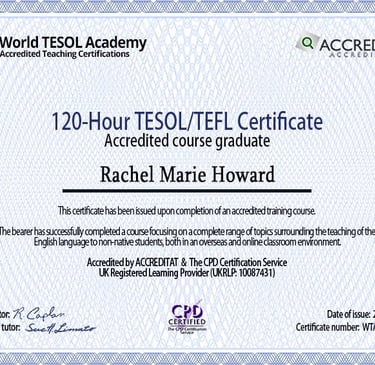 An accredited certificate for the TEFL course. 