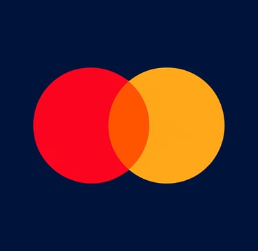 Mastercard logo with a dark navy blue background and orange and yellow circles in it.