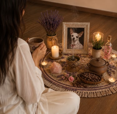 Una mujer sostiene cacao un altar conmemorativo de mascotas con vela, y una foto de un chihuahua
