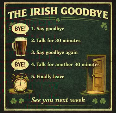 Vintage poster explaining The Irish Goodbye steps with a beer mug and alarm clock icons.