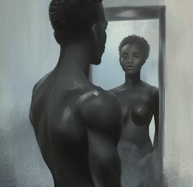 a man and woman in front of a mirror