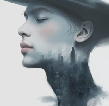 man in hat and cityscape