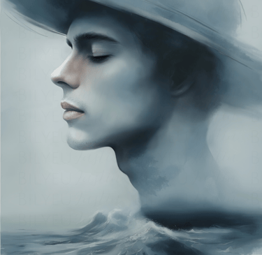 a man in a hat over waves
