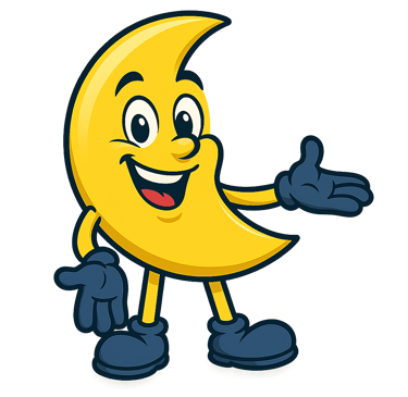 Un personnage de dessin animé souriant représentant une lune jaune pointe avec sa main droite dans u