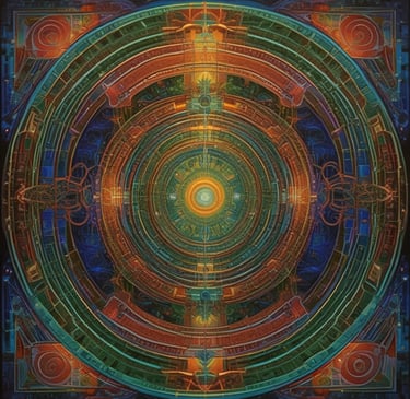 A musician is playing a keyboard or synthesizer in a dimly lit room. The image has a glitch effect with overlapping colors like red, blue, and green, giving a digital, surreal appearance. In the background, there are electronic equipment and a laptop on a table, suggesting a music studio or electronic music setup.