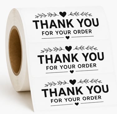 Roll of white thank you for your order stickers with black text and heart designs.