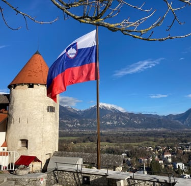 Inside Bled castle looking at the mountains