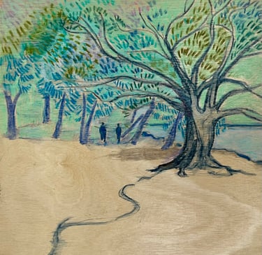 a painting of two figures walking through trees