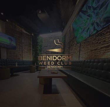 Interior del Babylon Weed Club en Benidorm con ambiente chill y logo