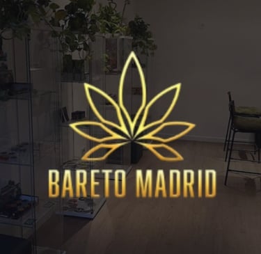 Logotipo luminoso Bareto Madrid con hoja de cannabis dorada en local de club cannábico