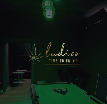 Sala interior de Ludico Weed Club con decoración verde y mesa de billar