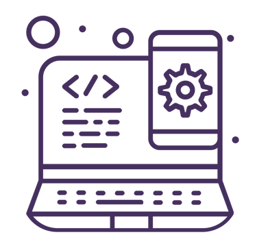 Purple line icon of a laptop and smartphone with coding symbols and a gear for software development.