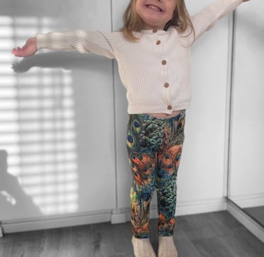 a little girl standing in a room with her arms outstretched out wearing peacock print leggings 