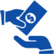 Blue icon of a hand holding a card over another hand.
