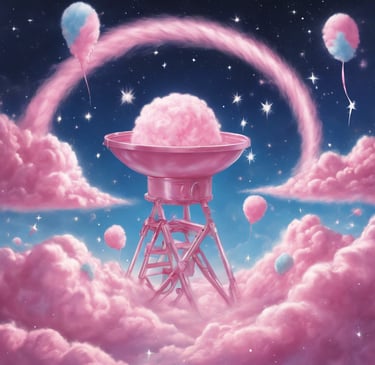 giant candy floss machine with a pink cloud and a star sky