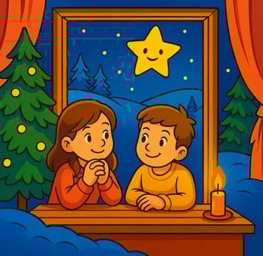 Zwei Kinder am Fenster, über ihnen Lumi aus "Lumi - Ein kleines Weihnachtswunder"