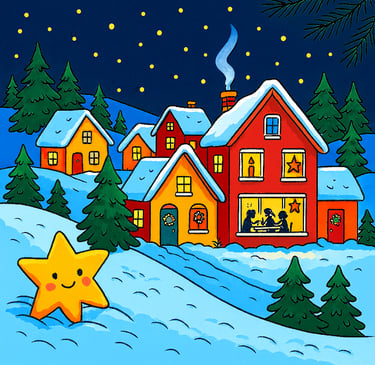 Ein Stern vor einem weihnachtlichen Dorf, aus "Lumi - Ein kleines Weihnachtswunder"