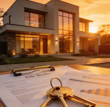 Real estate investment documents and house keys sitting before a modern luxury home at sunset.