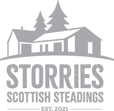 Storries Scottish Steadings logo featuring a rustic house and pine trees silhouette.
