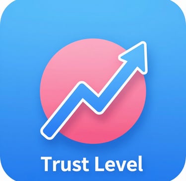 A blue trust level icon showing a rising arrow over a pink circle for growth analytics.