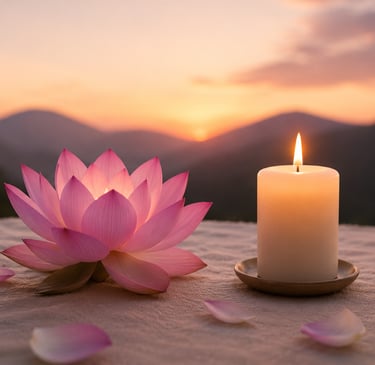 Flor de loto y vela encendida representando sanación emocional, duelo consciente y transformación interior